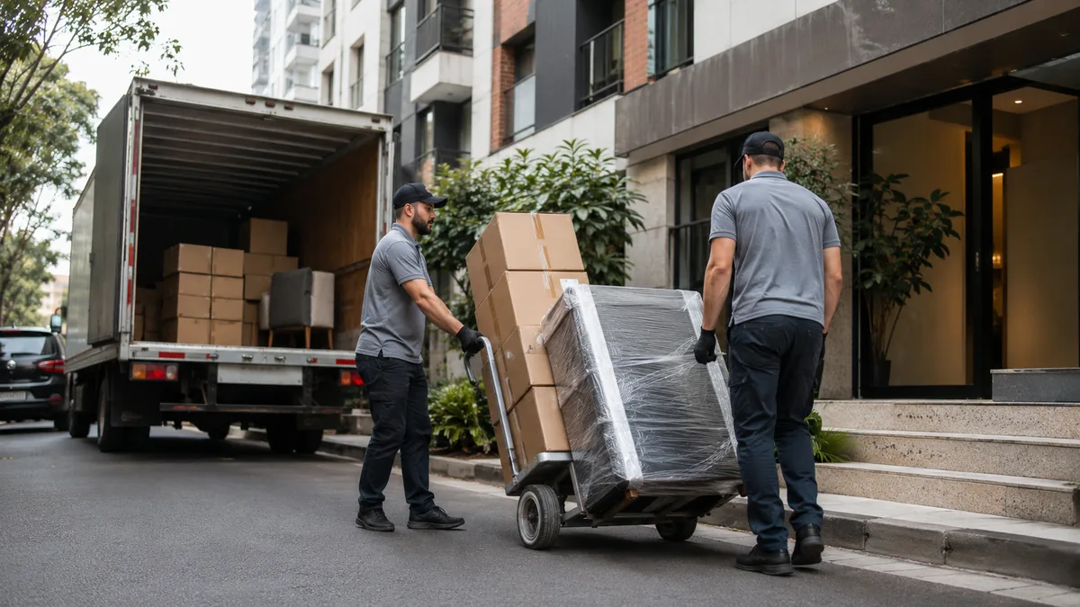 Caixas de papelão organizadas e etiquetadas para uma mudança residencial